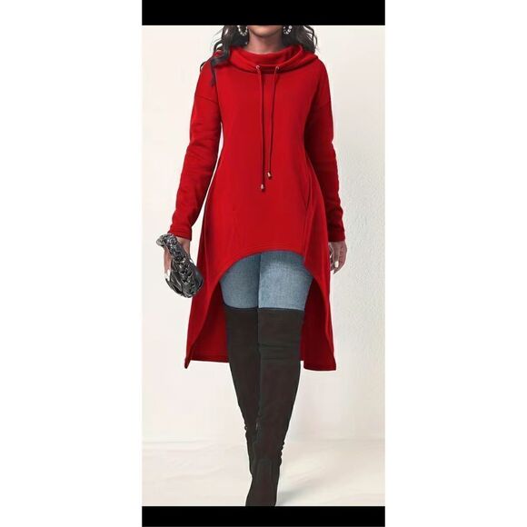 🔥Red High-low casual hoodie, long sleeve drawstring sweatshirt, size Lg/XL (14) - Picture 7 of 15